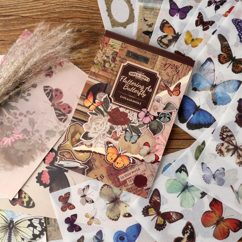 Auguro Vintage Scrapbook Stickers - 300 Butterfly Pre-Cut for Journaling, 20 Scrapbook Paper Washi for Scrapbooking and Journaling - Image 2