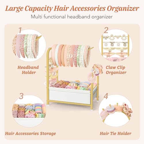 Keebofly Headband Holder Stand - Versatile Organizer for Scrunchies, Bows & Claw Clips - Compact Hair Accessories Storage for Girls, Women, Babies,Golden - Image 2