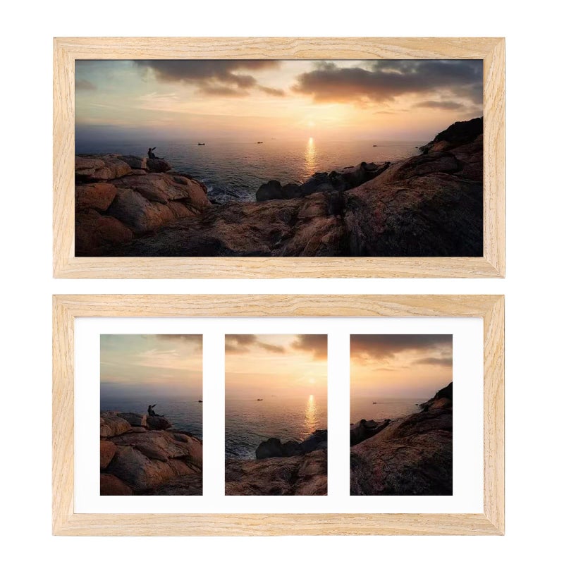 KINLINK 7x14 Collage Picture Frames Natural  Wood 3 Opening frames with Acrylic Plexiglass for Multiple Three 4x6 Photos with Mat or 7x14 without Mat  Tabletop and Wall Mounting Display  Set of 2 - Image 1