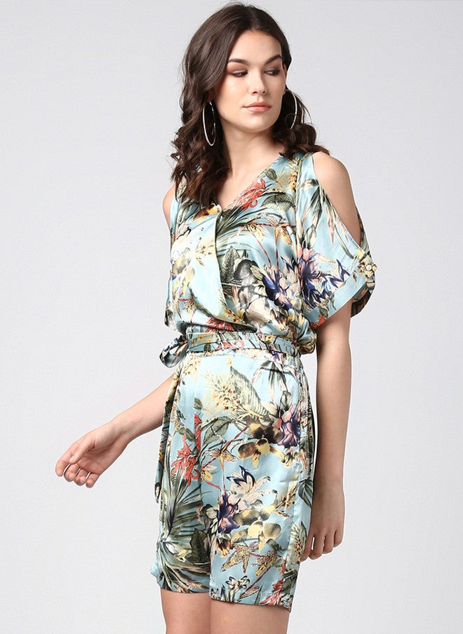 StyleStone Women Blue & Olive Green Tropical Print Cold Shoulder Playsuit - Image 3