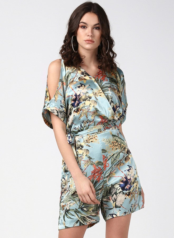 StyleStone Women Blue & Olive Green Tropical Print Cold Shoulder Playsuit - Image 1