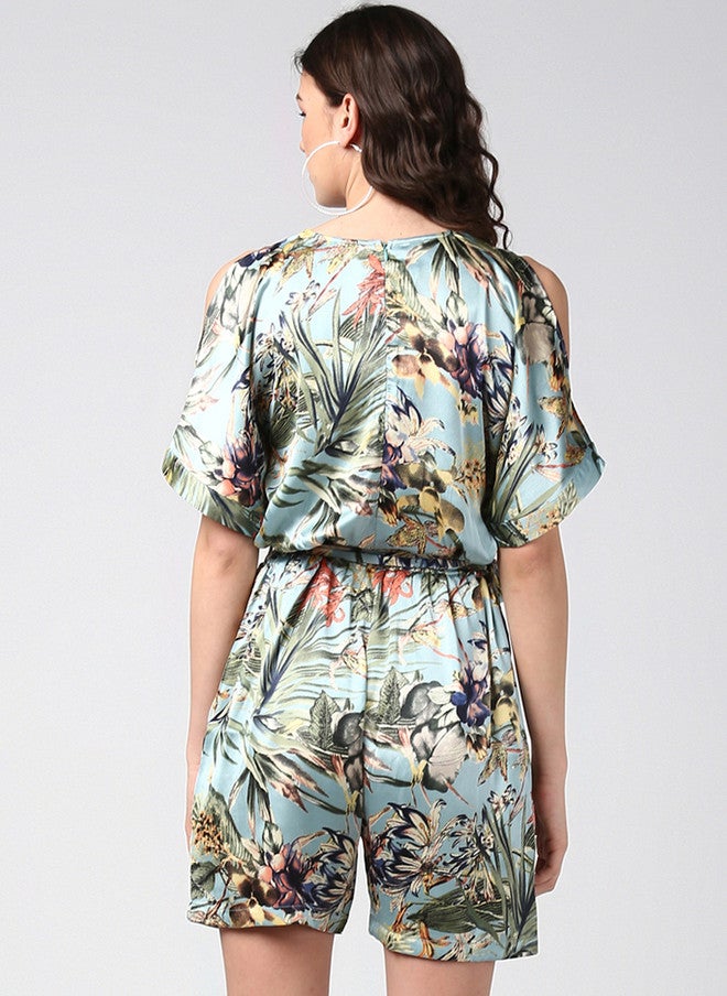 StyleStone Women Blue & Olive Green Tropical Print Cold Shoulder Playsuit - Image 4