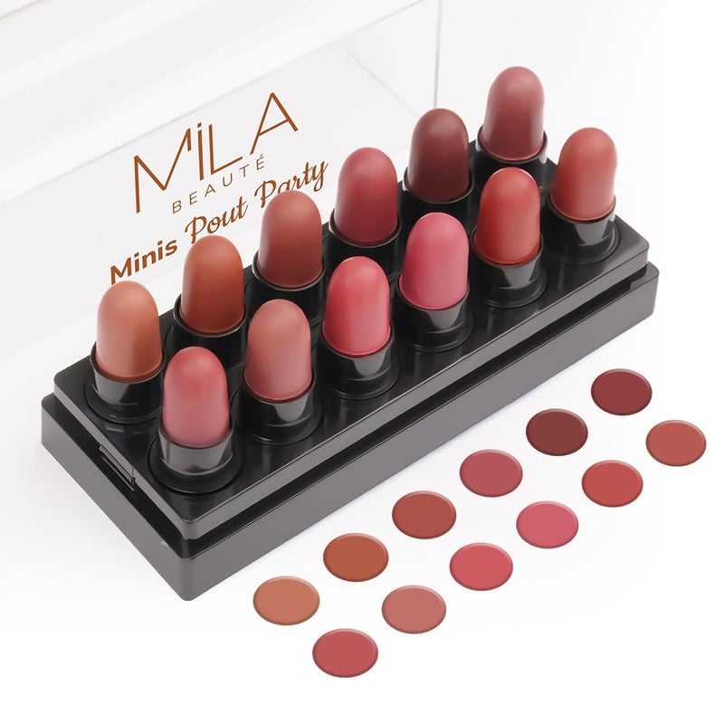 Mila Beaute 12 مجموعة أحمر شفاه مات كريمي مصغرة لحفلة الشفاه | مرطب شفاه وخفيف الوزن | أحمر شفاه طويل الأمد للنساء | مناسب لجميع درجات البشرة الهندية - نود وبني 14.4 جرام - Image 1