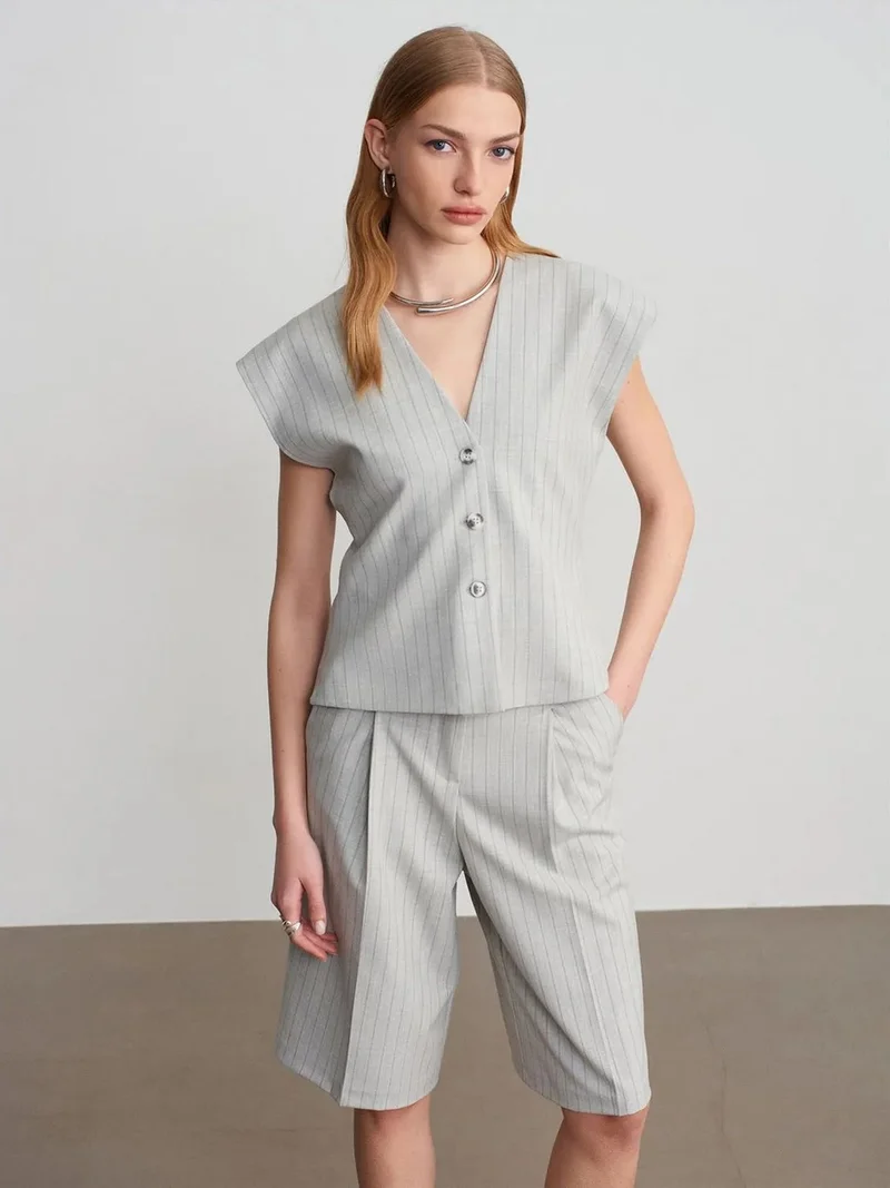 Dilvin DILVIN Striped V-neck Woven Waistcoat