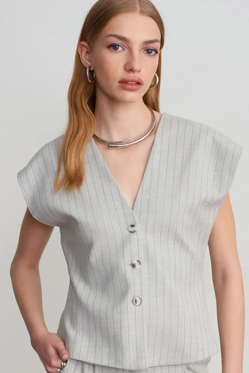 Dilvin Light Grey DILVIN Striped V-neck Woven Waistcoat for Women | Best Price UAE