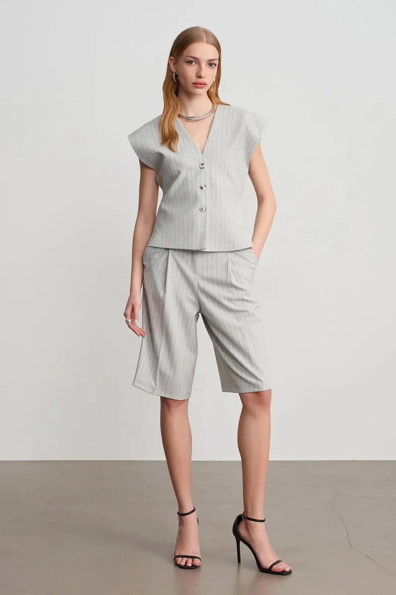 Dilvin Light Grey DILVIN Striped V-neck Woven Waistcoat for Women | Best Price UAE