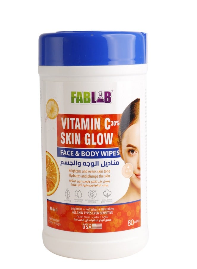 FabLab Vitamin C30% Skin Glow Face & Body Wipes Brightens And Evens Skin Tone Hydrates And Plumps The Skin 80 Wipes