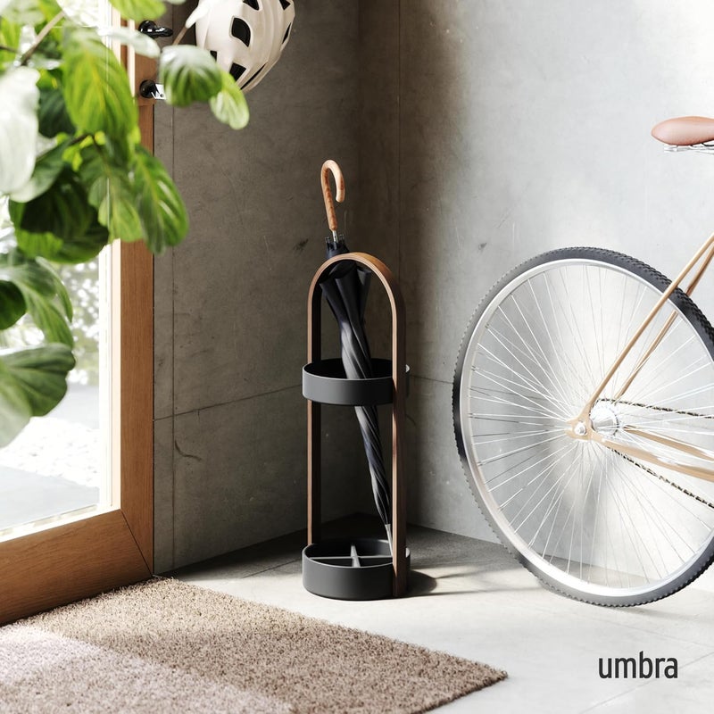 UMBRA Space Saving Hub Umbrella Stand, Black/Walnut - Image 2