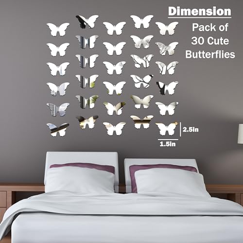 Rousrie Butterfly Mirror Wall Sticker, Golden Glass Stickers for Wall Mosaic Decoration, Acrylic Home décor Wallpaper, for Living Room, Bedroom Decorative Purpose | Set of 30 (Silver) - Image 5