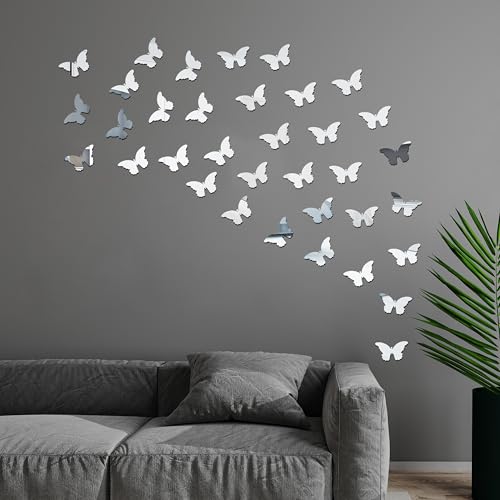 Rousrie Butterfly Mirror Wall Sticker, Golden Glass Stickers for Wall Mosaic Decoration, Acrylic Home décor Wallpaper, for Living Room, Bedroom Decorative Purpose | Set of 30 (Silver) - Image 1