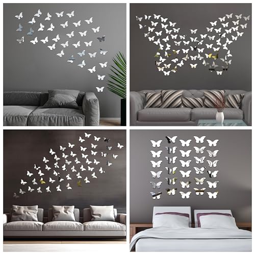 Rousrie Butterfly Mirror Wall Sticker, Golden Glass Stickers for Wall Mosaic Decoration, Acrylic Home décor Wallpaper, for Living Room, Bedroom Decorative Purpose | Set of 30 (Silver) - Image 3
