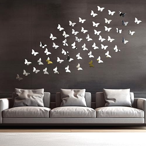 Rousrie Butterfly Mirror Wall Sticker, Golden Glass Stickers for Wall Mosaic Decoration, Acrylic Home décor Wallpaper, for Living Room, Bedroom Decorative Purpose | Set of 30 (Silver) - Image 2