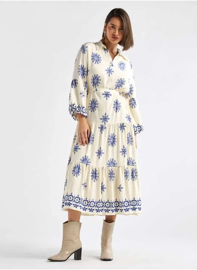 FAV Printed Midi Shirt Dress with Long Sleeves and Tie-Up Belt