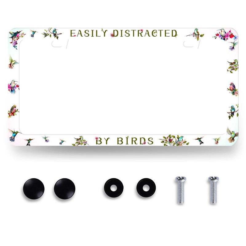 MUAWUOIK Easily Distracted by Birds License Plate Frame Funny Birds License Plate Holder Colorful License Plate for Car Decoration Stainless Steel Animal Auto Parts with Screws Men Women 123 x 63 - Image 3