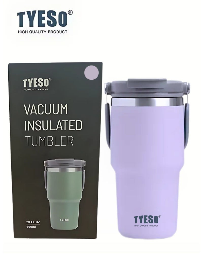 TYESO Stainless Steel Coffee Cup Cold And Hot Double-layer Insulated Cup Tumbler Thermo Water Bottle with Straw and Handle (Purple) 600ml - Image 1
