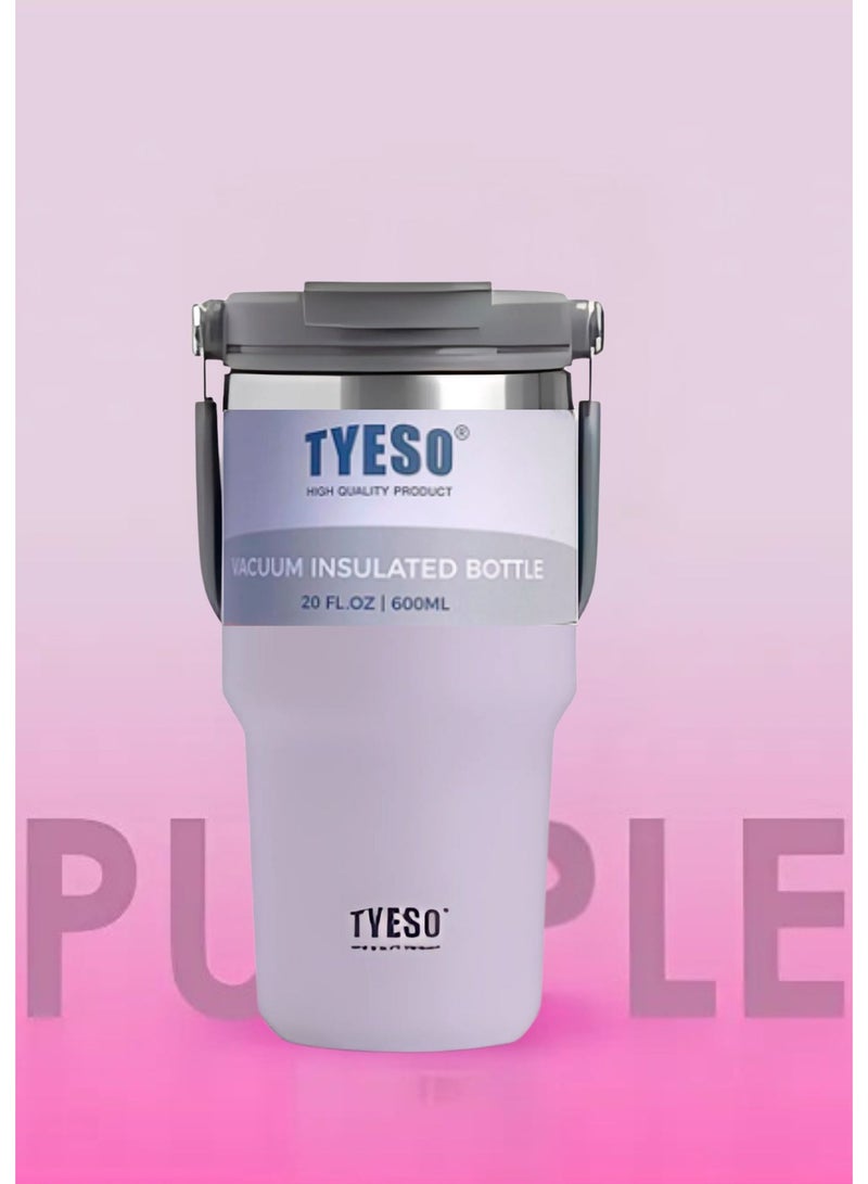 TYESO Stainless Steel Coffee Cup Cold And Hot Double-layer Insulated Cup Tumbler Thermo Water Bottle with Straw and Handle (Purple) 600ml - Image 3