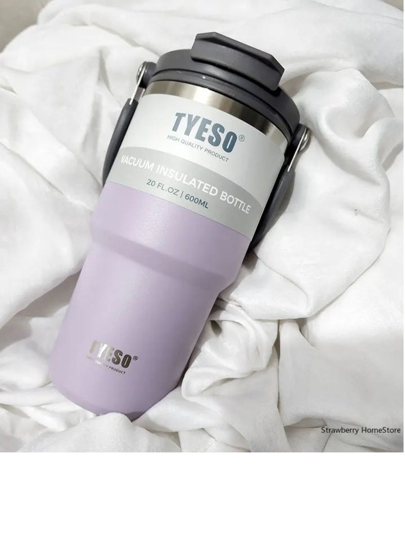 TYESO Stainless Steel Coffee Cup Cold And Hot Double-layer Insulated Cup Tumbler Thermo Water Bottle with Straw and Handle (Purple) 600ml - Image 2