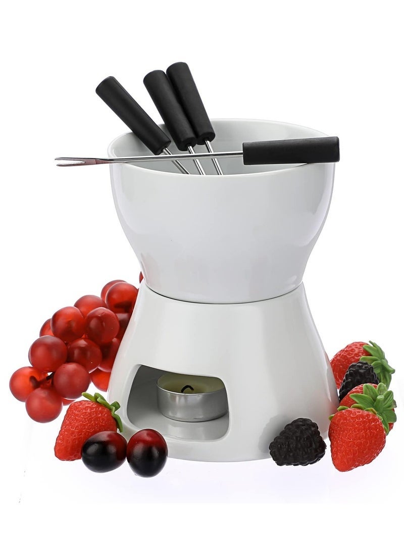 كيلا وعاء فوندو الشوكولاتة، وعاء سيراميك لصهر الشوكولاتة، طقم فوندو شوكولاتة بتسخين الشموع مع 4 شوك للشوكولاتة/الجبن/الزبدة/الحلوى، مذيب شوكولاتة سيراميك، أدوات مطبخ منزلية الصنع - Image 1