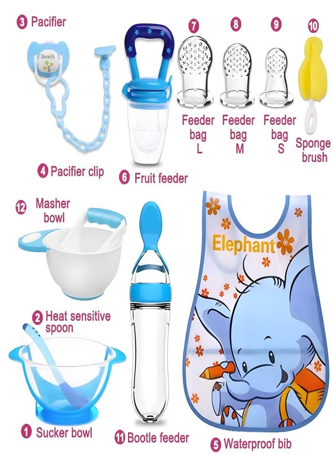 24x7 eMall Baby Feeding Set, 12 Pieces, New Born Tableware Set, Fruit Teat, Baby Bowl with Suction Cup, Baby Spoon, Baby Food Dispenser Spoon, Bib Baby, Grinding Bowl for Children Complete Kit Blue - Image 2