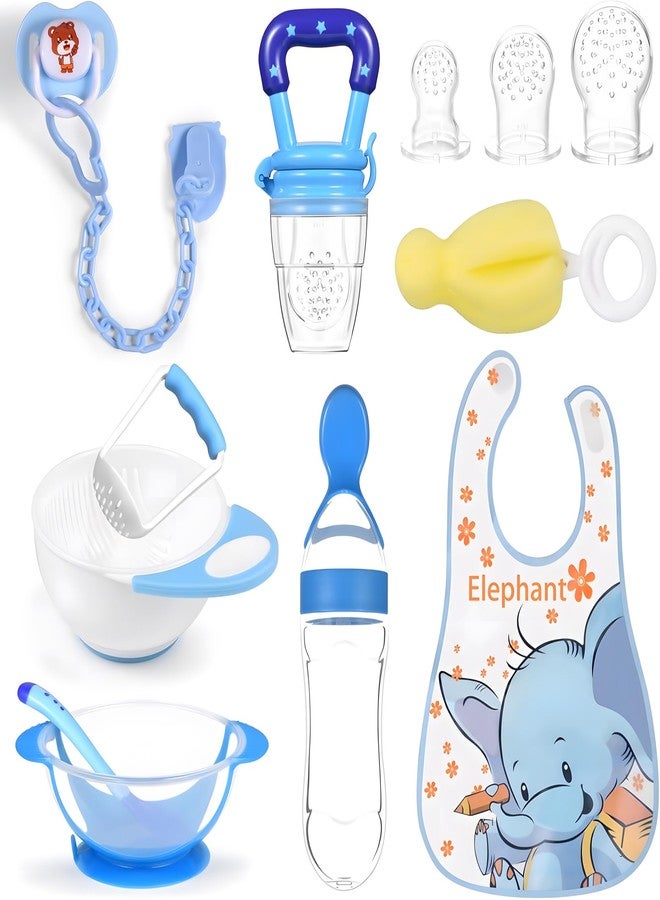 24x7 eMall Baby Feeding Set, 12 Pieces, New Born Tableware Set, Fruit Teat, Baby Bowl with Suction Cup, Baby Spoon, Baby Food Dispenser Spoon, Bib Baby, Grinding Bowl for Children Complete Kit Blue - Image 1