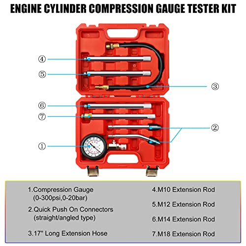 JIFETOR Cylinder Compression Tester, 8PCS Small Engine Pressure Gauge Diagnostic Tool Kit for Automotive Cylinder Compression Test on Gasoline Car Motorcycle Truck, 4 Extension Rods - Image 2