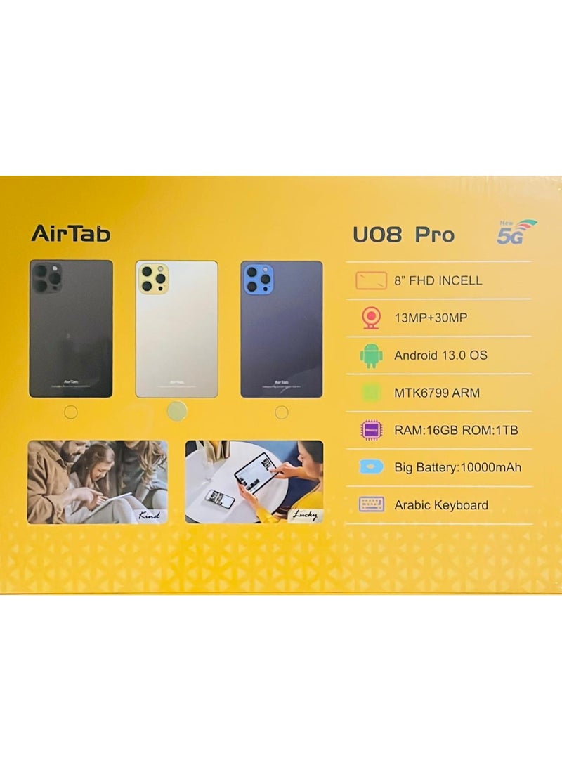 AirTab - U08 Pro Tablet with Keyboard, 8 inch FHD Screen, 1TB Internal Memory, 16GB RAM - with Powerful 10,000mAh Battery Gold - Image 1
