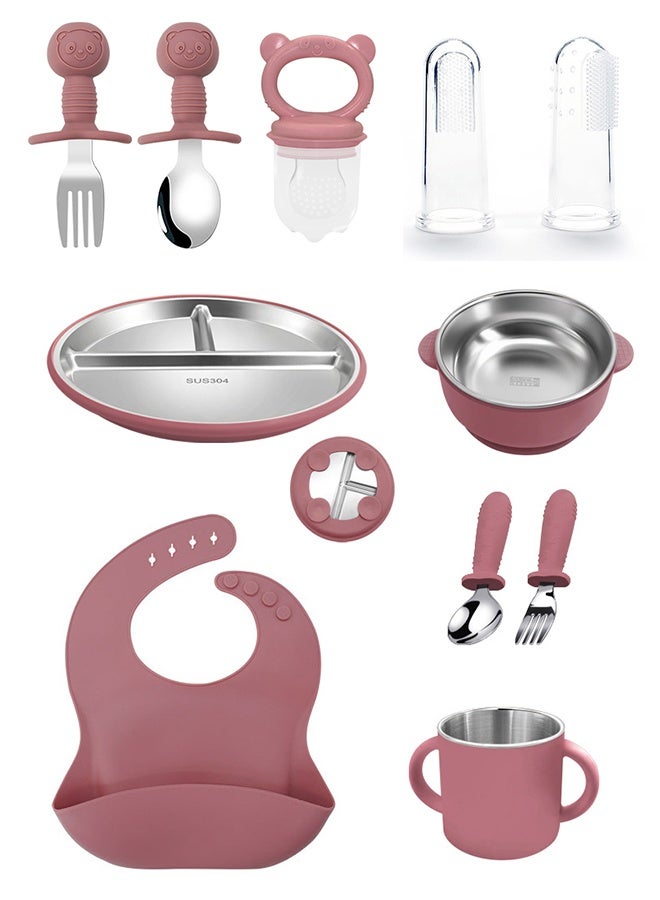 bebeFuture 10-Piece Premium Stainless Steel Baby Feeding Set - Deep Pink Kids Dinnerware with Divided Plate, Bowl, Cup, Utensils, Food Feeder & Toothbrush - Image 1
