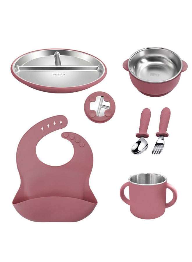 bebeFuture 10-Piece Premium Stainless Steel Baby Feeding Set - Deep Pink Kids Dinnerware with Divided Plate, Bowl, Cup, Utensils, Food Feeder & Toothbrush - Image 2