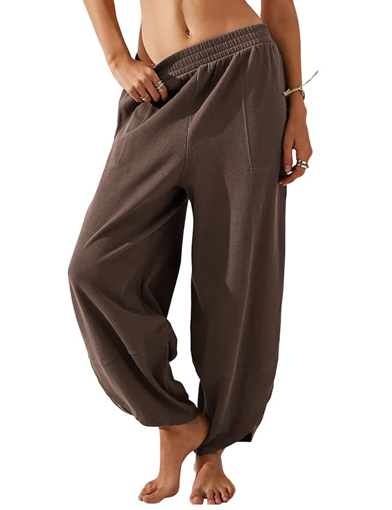 Springrain Womens Baggy Wide Leg Pants Cotton Elastic Waisted Loose Palazzo Harem Pants with Pockets(Coffee-S) - Image 1