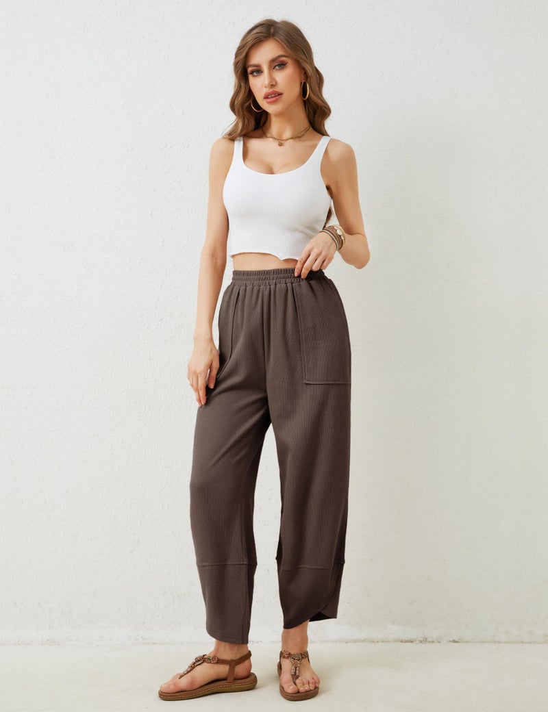 Springrain Womens Baggy Wide Leg Pants Cotton Elastic Waisted Loose Palazzo Harem Pants with Pockets(Coffee-S) - Image 4