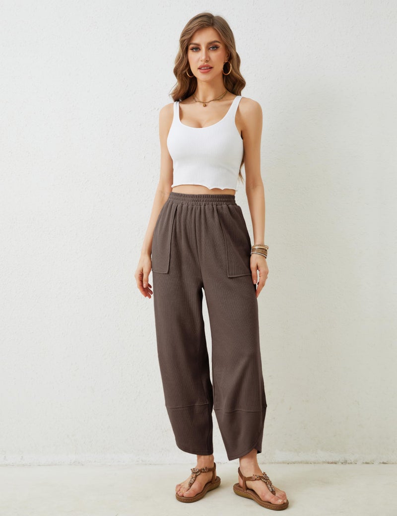 Springrain Womens Baggy Wide Leg Pants Cotton Elastic Waisted Loose Palazzo Harem Pants with Pockets(Coffee-S) - Image 2