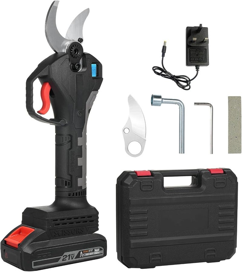 Eacam Electric Pruning Shears Cordless Pruning Shears Battery Powered Tree Branch Pruner Rechargeable Lithium Battery 21V 40mm Brushless Motor LCD Display for Garden Orchard Farm (UK Plug & 2) - Image 2