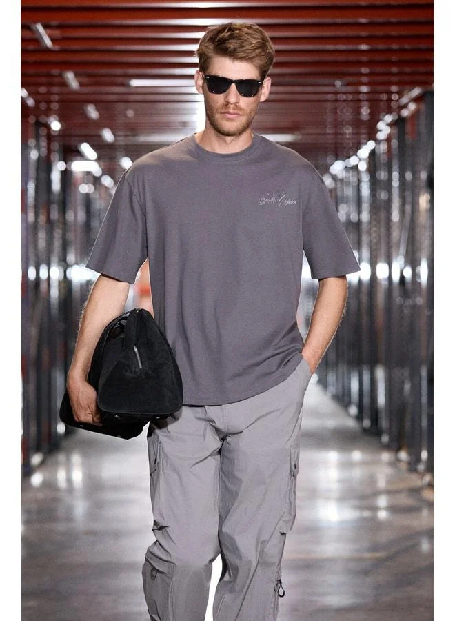 Grimelange CAPISO Men's 100% Organic Cotton Printed Detailed Regular Fit Round Neck Dark Gray T-Shirt.