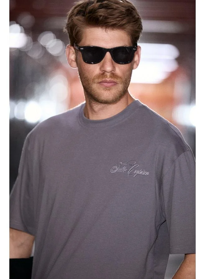 Grimelange CAPISO Men's 100% Organic Cotton Printed Detailed Regular Fit Round Neck Dark Gray T-Shirt.