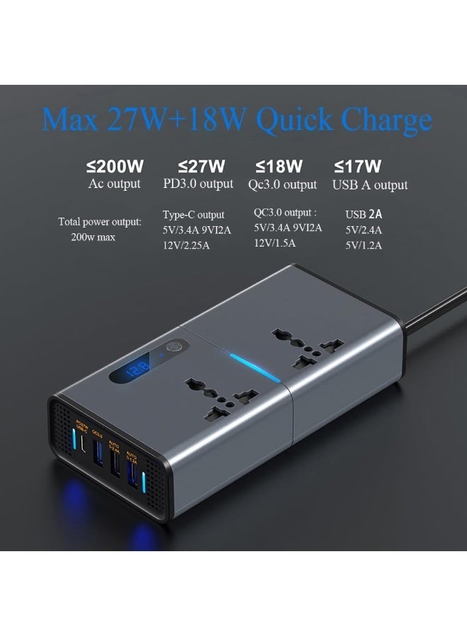 JAJEEK 200W Car Power Inverter DC 12V/24V to 220V AC Converter – Portable Multi-Port USB & Type-C Fast Charging Adapter with LED Display, Smart Safety Protection, Silver Grey Travel Power Solution - Image 2