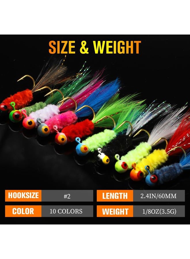 Dovesun Crappie Jigs, Jig Heads with Feather Hand-tied Marabou Jigs Ice | Fly Fishing Lures 10 Colors 1/8oz Fishing Hair Jigs for Panfish Sunfish Walleye - Image 4
