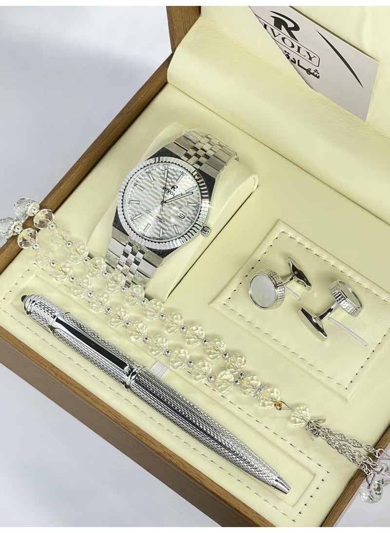 Men's stainless steel set consisting of a watch, a rosary, a pen and cufflinks