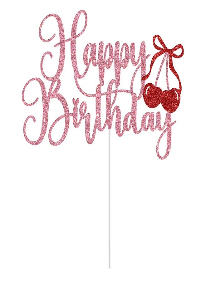 Yotawebery Cherry Happy Birthday Cake Topper, Bow Cherry Birthday Cake Decorations, Cherry Sweet One, Sweet Fruit Theme Baby Shower Bday Party Decorations Pink Glitter - Image 2