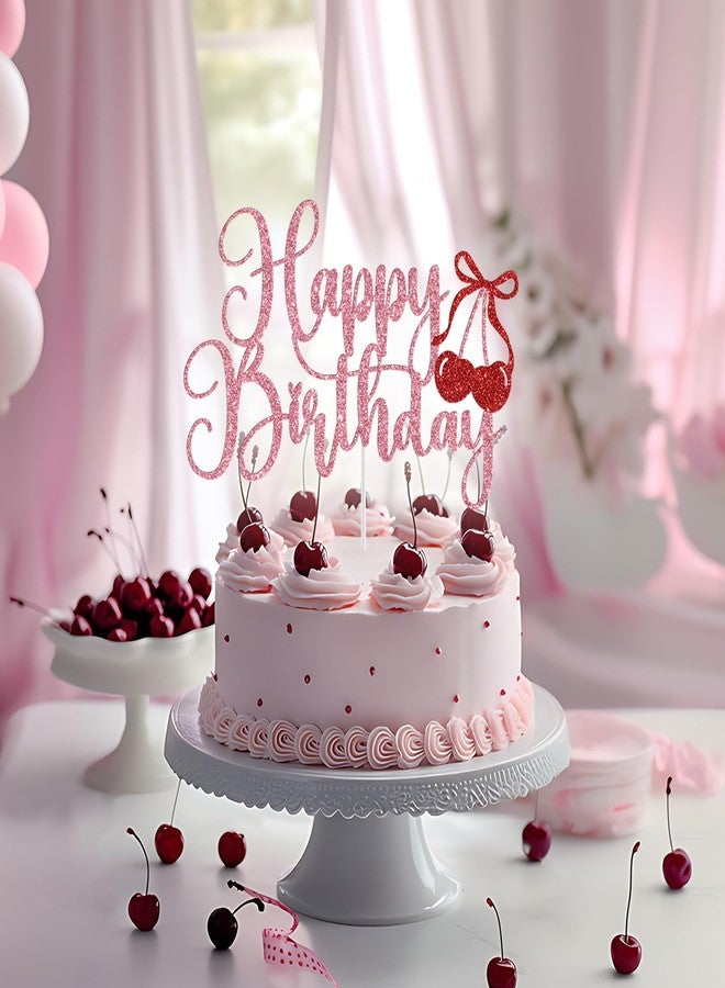 Yotawebery Cherry Happy Birthday Cake Topper, Bow Cherry Birthday Cake Decorations, Cherry Sweet One, Sweet Fruit Theme Baby Shower Bday Party Decorations Pink Glitter - Image 4