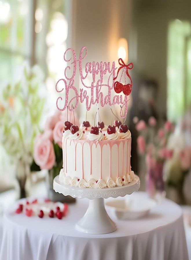 Yotawebery Cherry Happy Birthday Cake Topper, Bow Cherry Birthday Cake Decorations, Cherry Sweet One, Sweet Fruit Theme Baby Shower Bday Party Decorations Pink Glitter - Image 5
