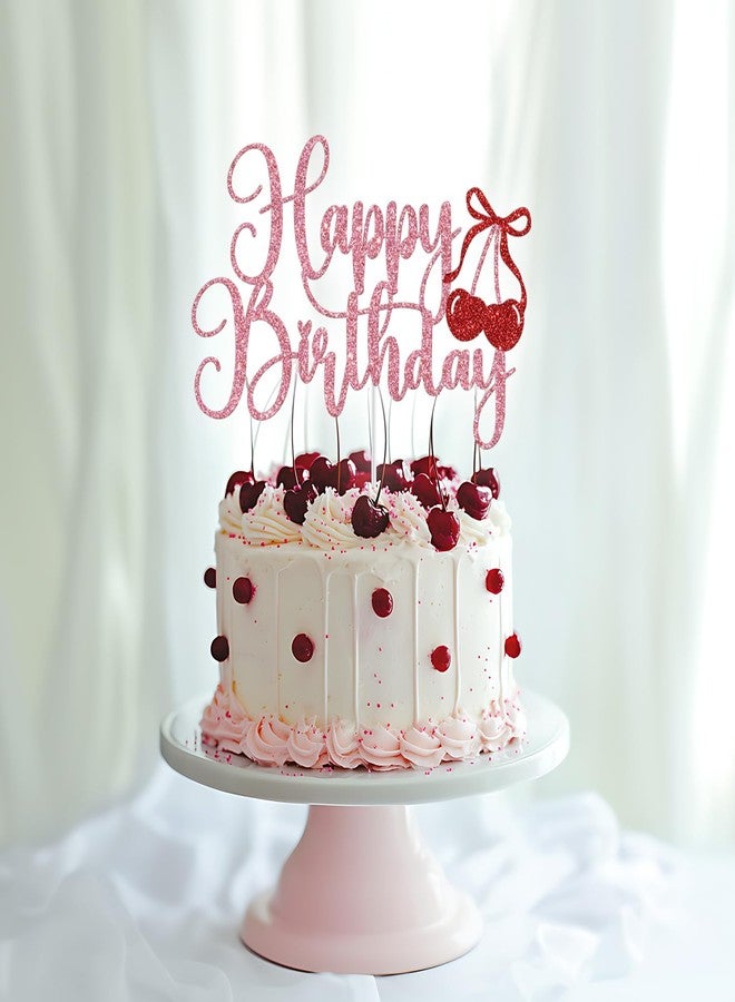 Yotawebery Cherry Happy Birthday Cake Topper, Bow Cherry Birthday Cake Decorations, Cherry Sweet One, Sweet Fruit Theme Baby Shower Bday Party Decorations Pink Glitter - Image 3