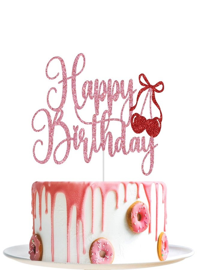 Yotawebery Cherry Happy Birthday Cake Topper, Bow Cherry Birthday Cake Decorations, Cherry Sweet One, Sweet Fruit Theme Baby Shower Bday Party Decorations Pink Glitter - Image 1
