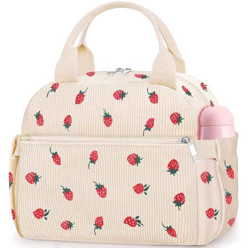 KUBYA Lunch Box for Women Cute Strawberry Corduroy Insulated Lunch Bag Women Reusable Work Leakproof Simple Adults Large Lunch Boxes Tote Bag Men Cooler Bag - Image 1