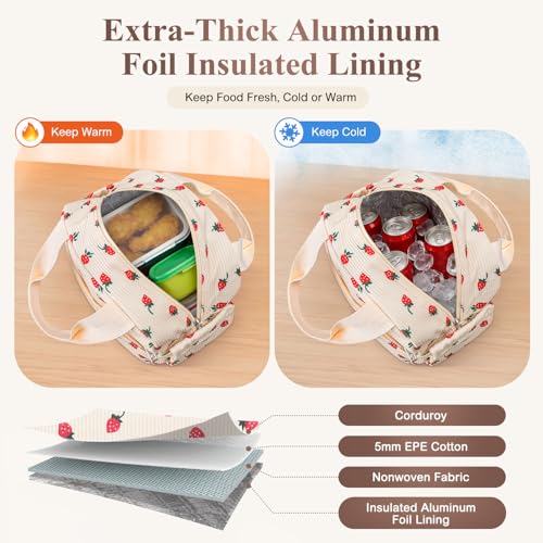 KUBYA Lunch Box for Women Cute Strawberry Corduroy Insulated Lunch Bag Women Reusable Work Leakproof Simple Adults Large Lunch Boxes Tote Bag Men Cooler Bag - Image 3