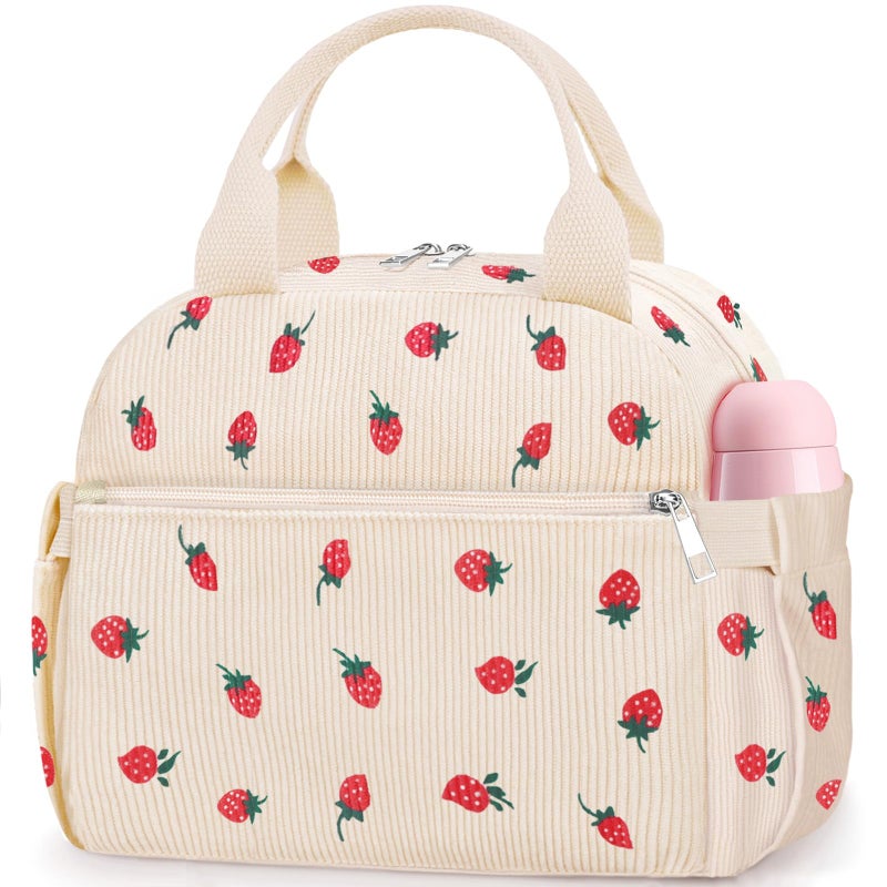KUBYA Lunch Box for Women Cute Strawberry Corduroy Insulated Lunch Bag Women Reusable Work Leakproof Simple Adults Large Lunch Boxes Tote Bag Men Cooler Bag - Image 2