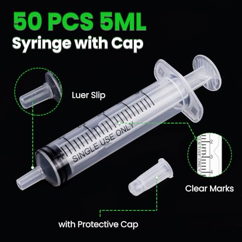 TENKAIWICK 50 PCS 5ml Syringe with Cap for Liquid, Oral Syringe without Needle for Medicine Dropper, Colostrum Collect, Feeding Pets, Liquid Measuring, Individually Sealed, Luer Slip - Image 2