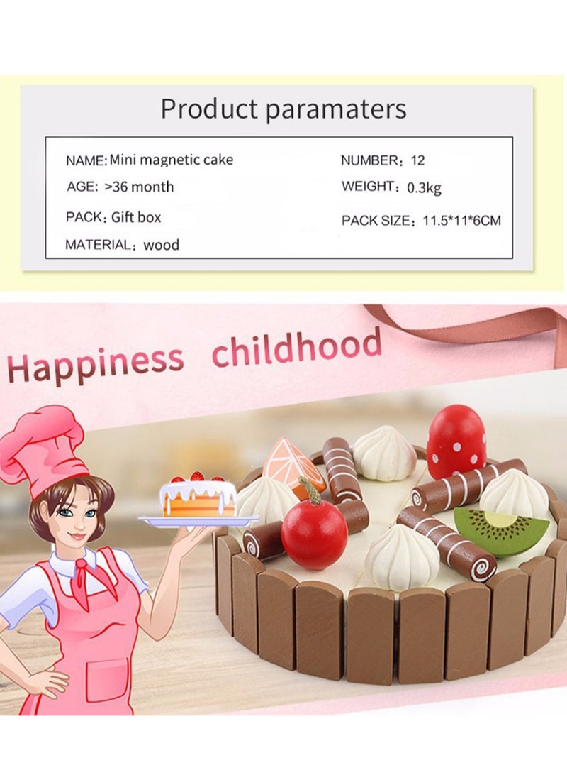 SYOSI Wooden Birthday Cake Toy   Kids Magnetic Dessert Toy with Cutting Knife, Fruit Toppings, Chocolate and Vanilla Swirls Fun Kitchen Pretend Play Food Party, Cooking Cutter Set, Educational Gift - Image 3