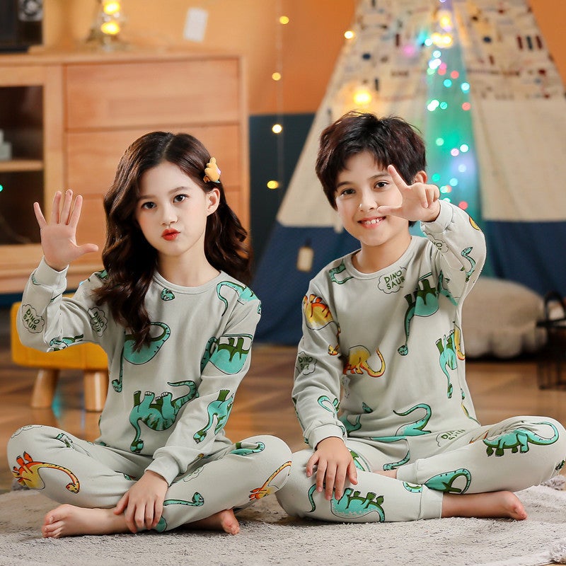 Spring and autumn childrens clothing on behalf of childrens cotton thermal underwear set boys and girls autumn clothing autumn pants home clothing wholesale Light gray full version of dragon (wen)