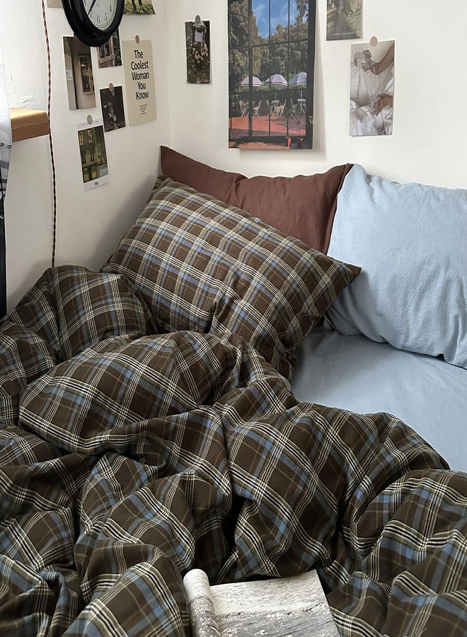 MKXI Full Size Blue, Brown & Green Buffalo Plaid Duvet Cover Set - 3 Piece Vintage Aesthetic Bedding Set, 100% Washed Cotton, Minimalist Design, Soft & Breathable Duvet Cover with Zipper Closure - Image 5