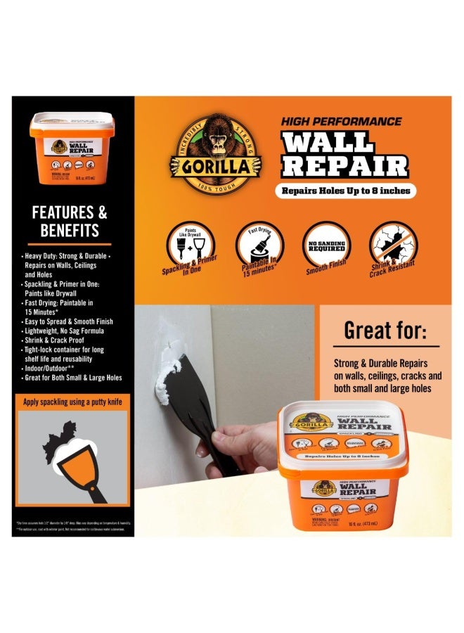 Gorilla Heavy Duty Wall Repair Spackling + Primer, 16 Ounce Tub,White - Image 3